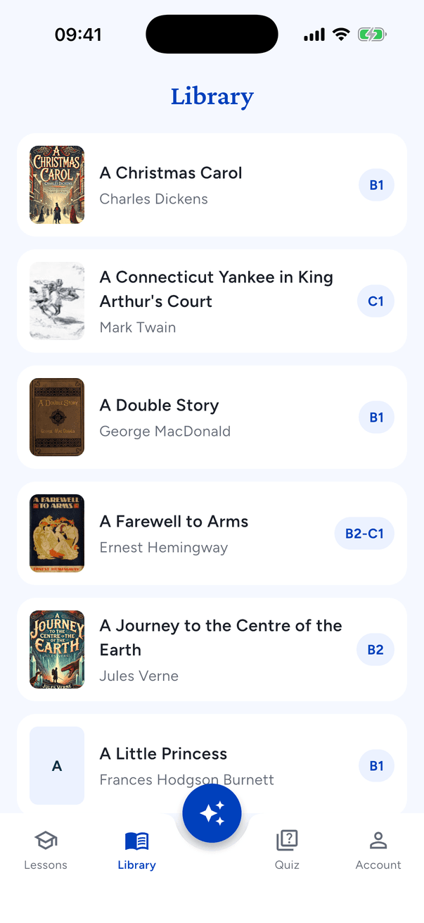 The library in the app: book covers with their reading levels