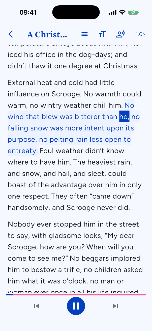 A book open in the app, the sentence being read lit in blue and the spoken word highlighted