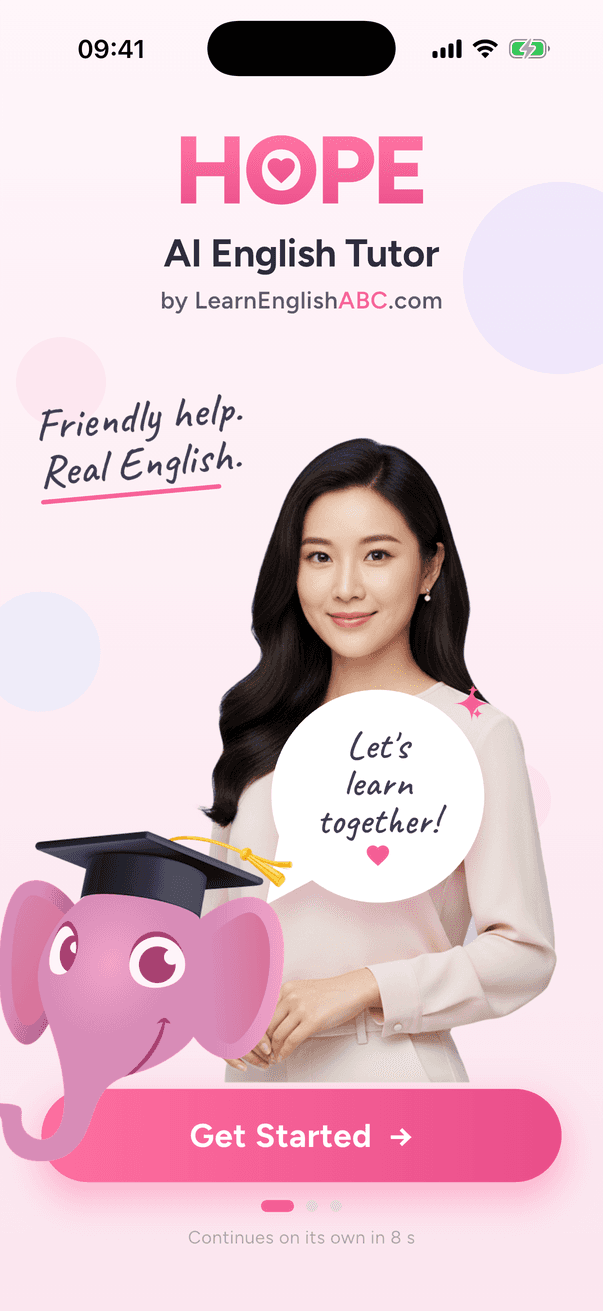 The welcome screen of the HOPE app: HOPE, AI English Tutor by LearnEnglishABC